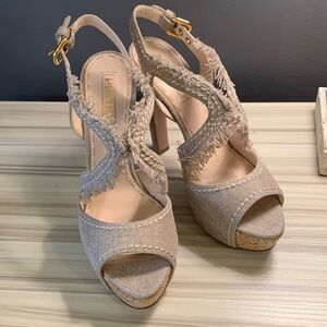 Prada Biege Knit Platform Sandals with buckle closure and cork platform